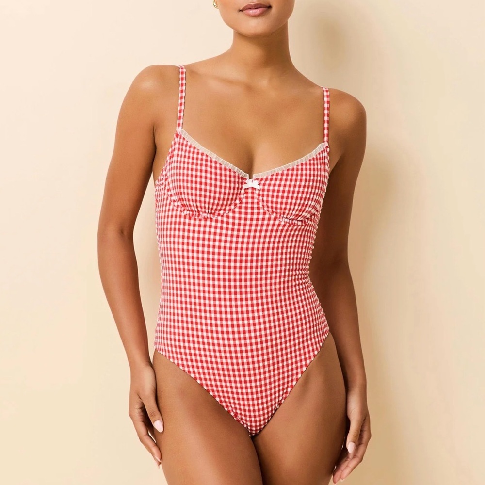 SOLID & STRIPED Red Gingham Underwire One Piece Bathing Suit